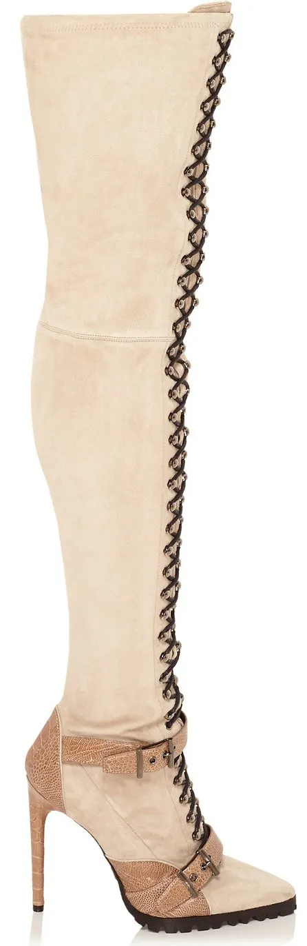 Beige Suede Lace-up Thigh Boots