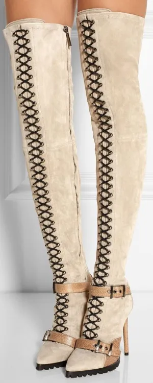 Beige Suede Lace-up Thigh Boots