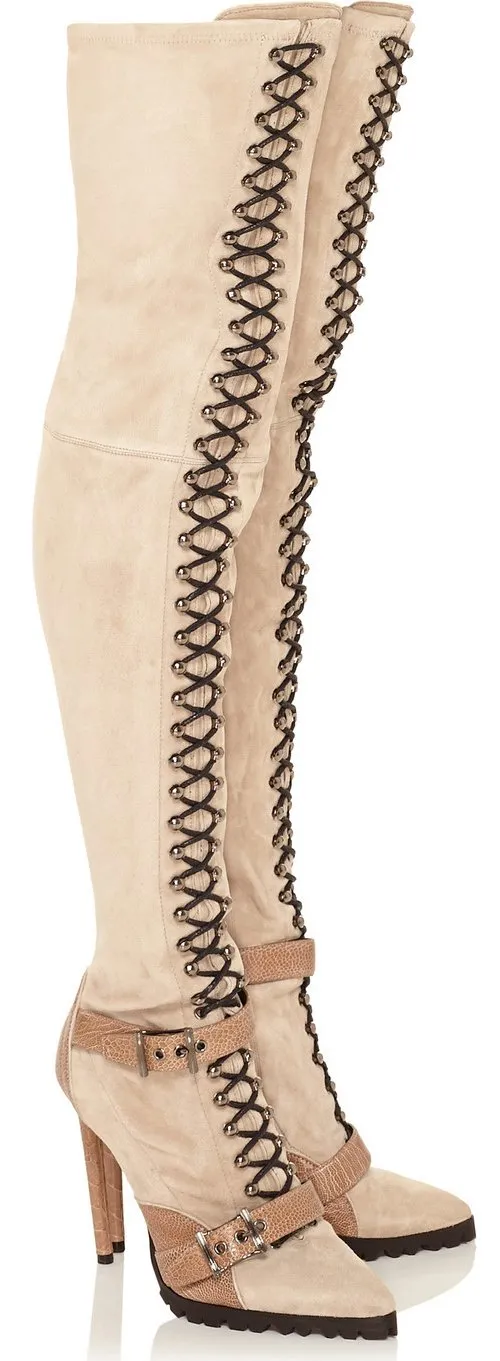 Beige Suede Lace-up Thigh Boots
