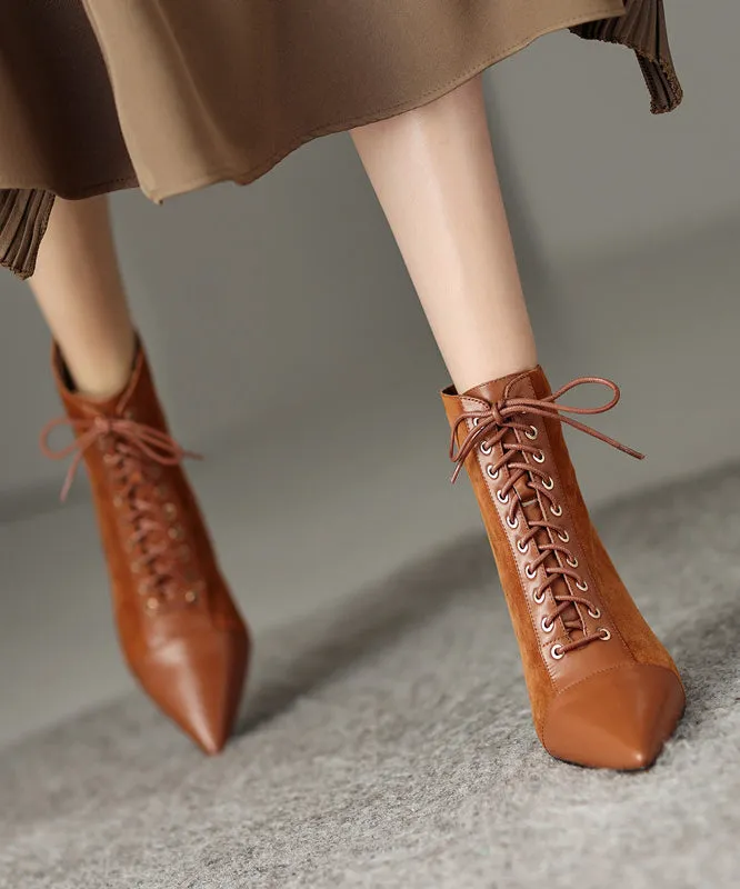 Brown Boots Stiletto Suede Unique Splicing Cross Strap Pointed Toe ML1665