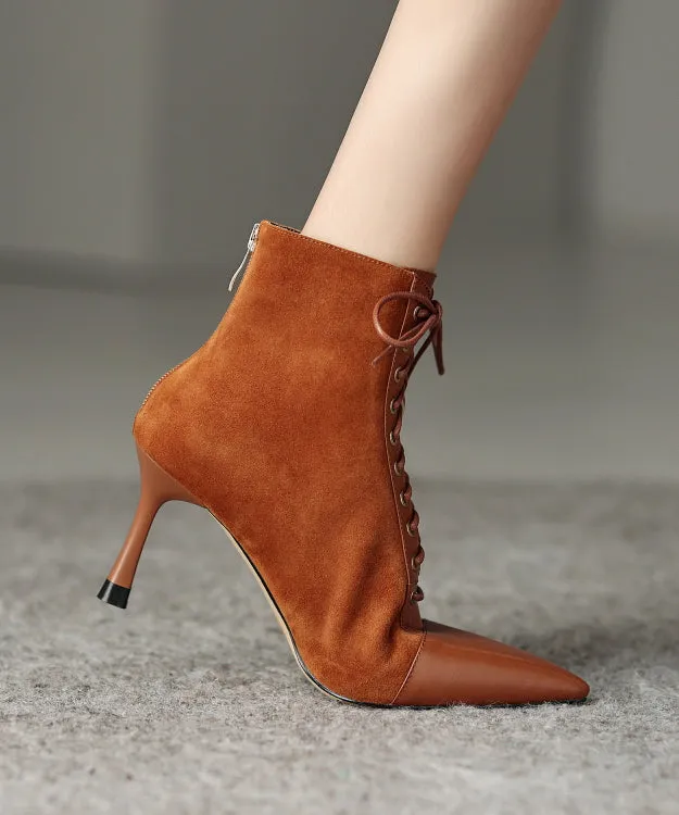 Brown Boots Stiletto Suede Unique Splicing Cross Strap Pointed Toe ML1665