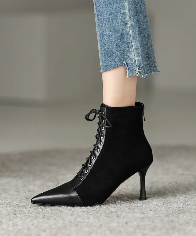 Brown Boots Stiletto Suede Unique Splicing Cross Strap Pointed Toe ML1665
