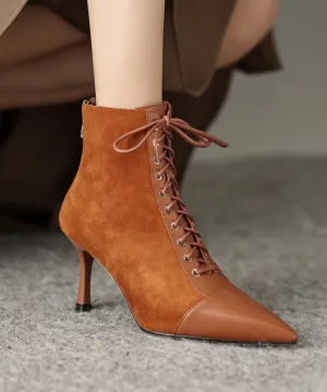 Brown Boots Stiletto Suede Unique Splicing Cross Strap Pointed Toe ML1665