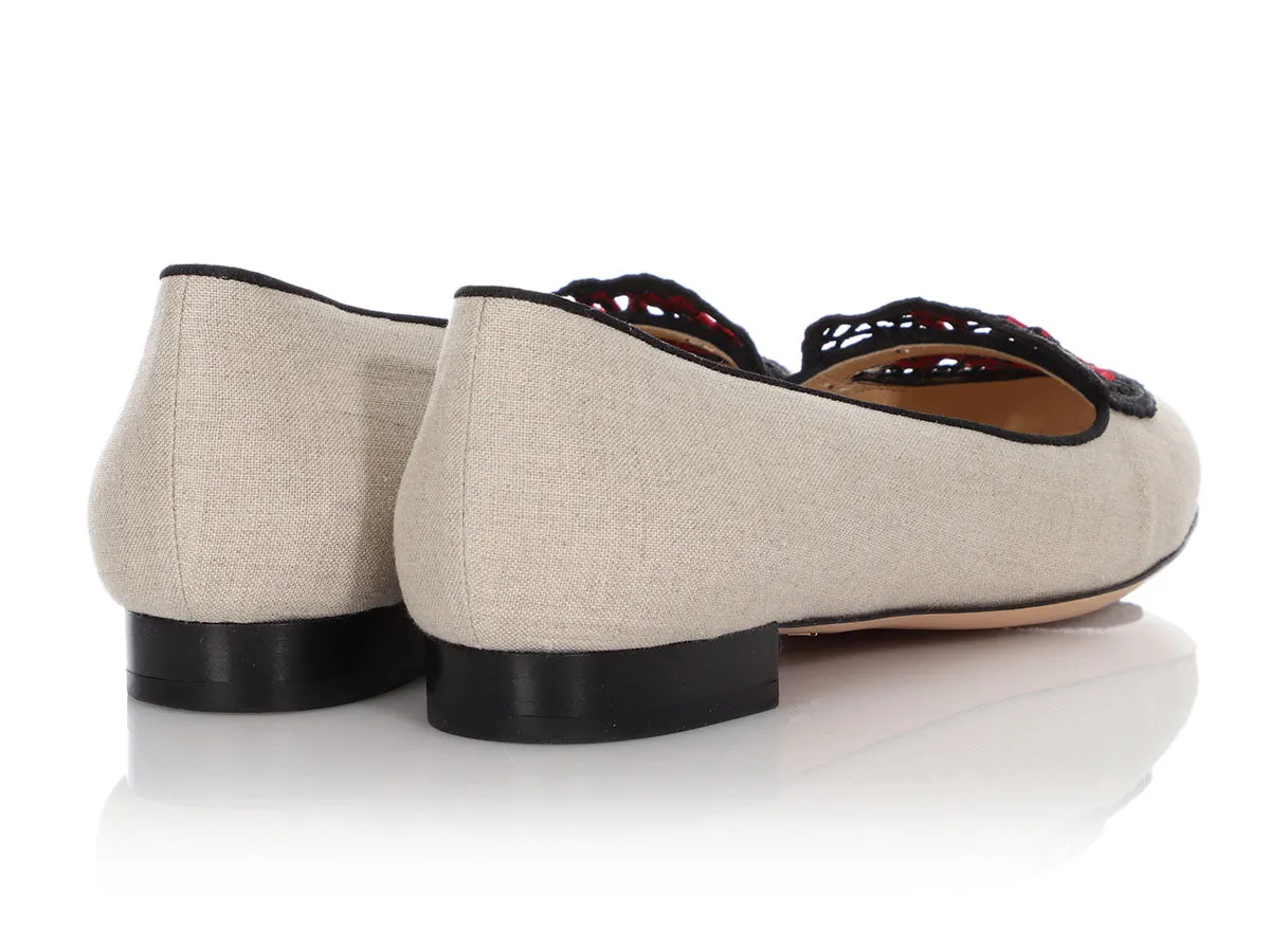 Charlotte Olympia Beige Linen Ooh La La! Crochet Heart Flats