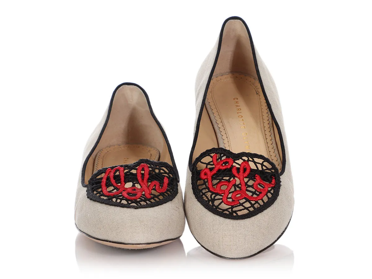 Charlotte Olympia Beige Linen Ooh La La! Crochet Heart Flats