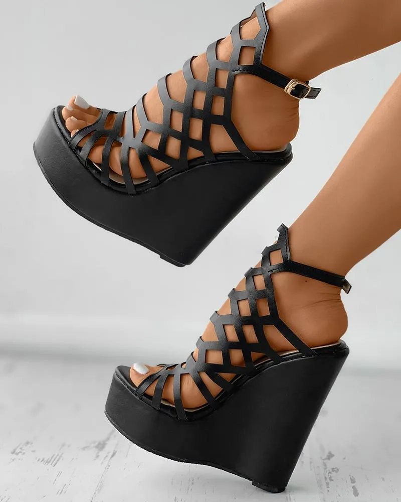 Cutout Peep Toe Ankle Strap Wedge Sandals