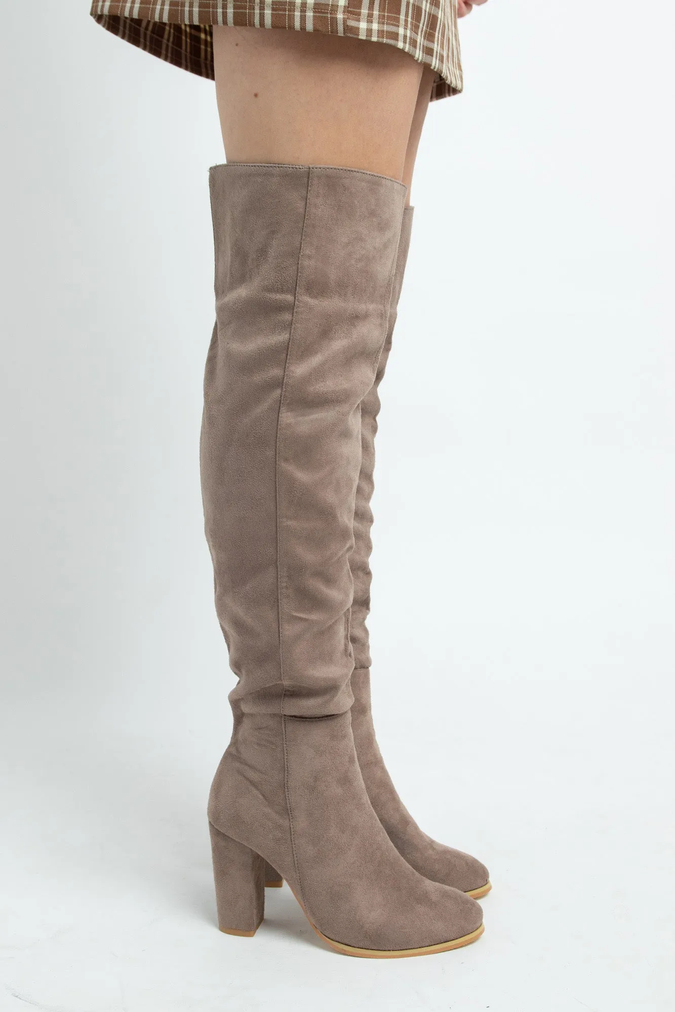 Daisy Street Taupe Heeled Over the Knee Boots in Faux Suede