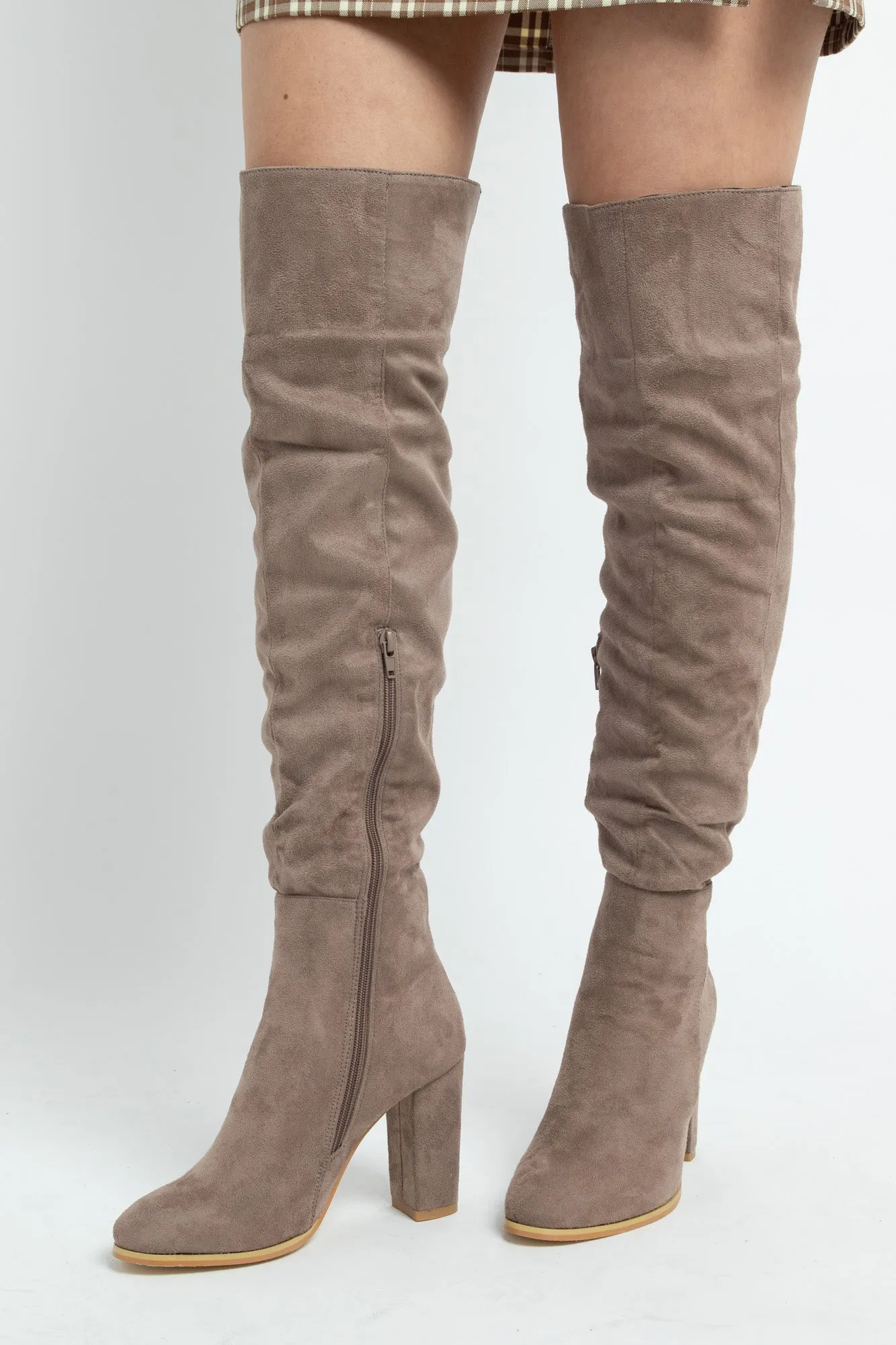 Daisy Street Taupe Heeled Over the Knee Boots in Faux Suede