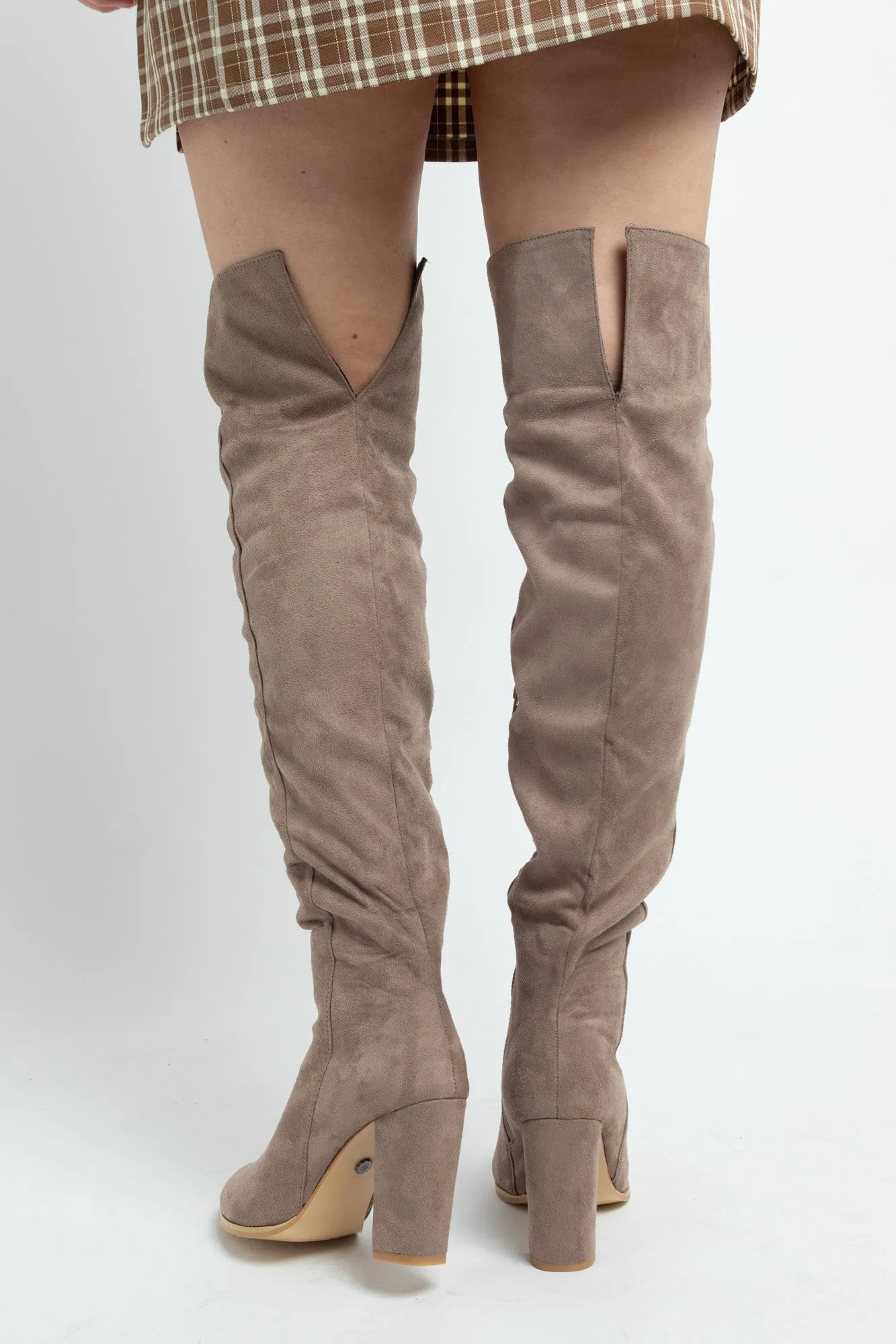 Daisy Street Taupe Heeled Over the Knee Boots in Faux Suede