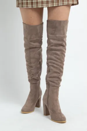 Daisy Street Taupe Heeled Over the Knee Boots in Faux Suede