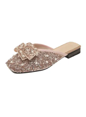 Flat-bottomed Rhinestone Square Bow Slipper