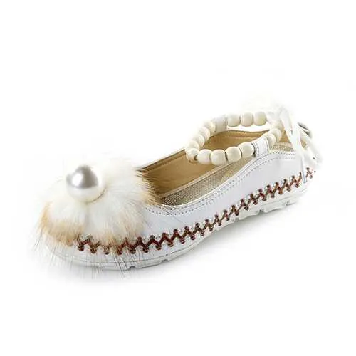 Folkways Style Pearl Decor Ankle Strap Flat Sandals Shoes