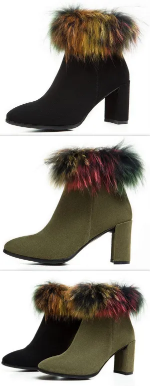 Fur-Trimmed Suede Booties - Black or Green