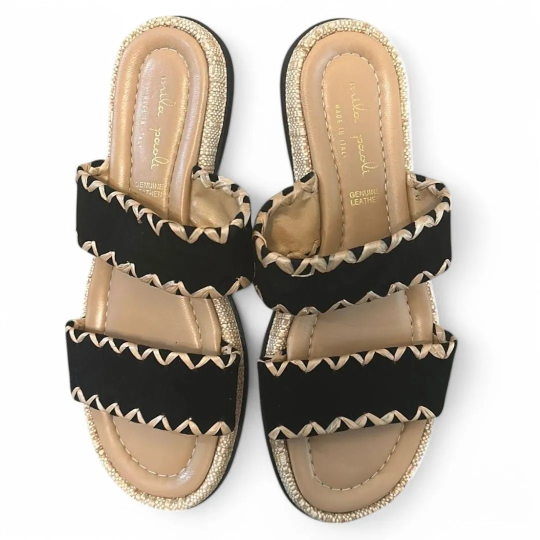 Genuine Leather Sandals Double Strap Whipstitch Trim Slides
