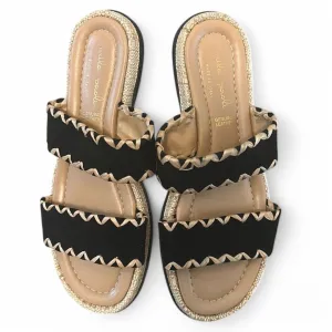 Genuine Leather Sandals Double Strap Whipstitch Trim Slides