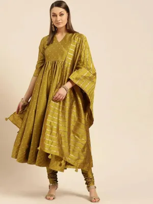 Green Self Design Silk Anarkali Kurta With Dupatta