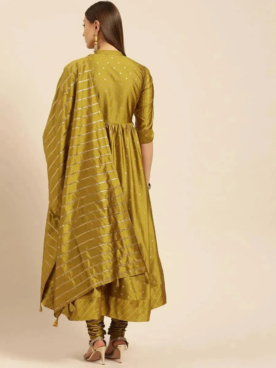 Green Self Design Silk Anarkali Kurta With Dupatta