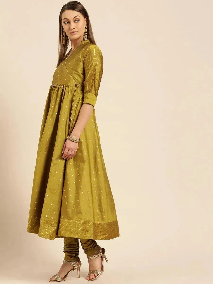 Green Self Design Silk Anarkali Kurta With Dupatta