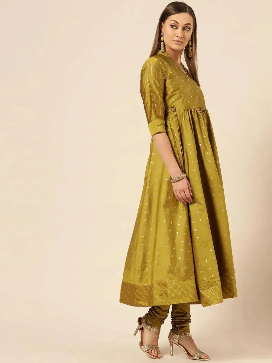 Green Self Design Silk Anarkali Kurta With Dupatta