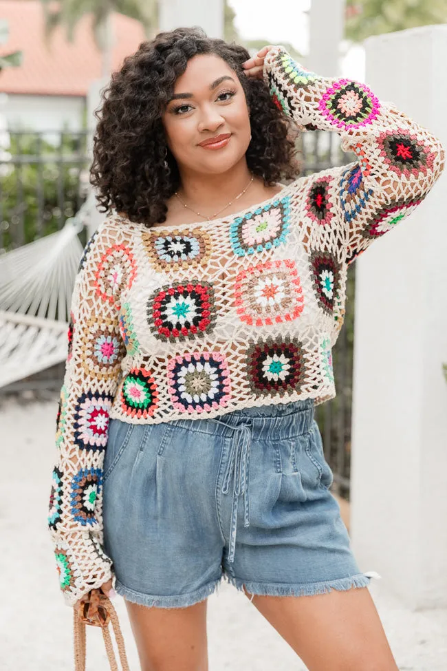 Keep On Dreaming Beige Multi Crochet Sweater FINAL SALE