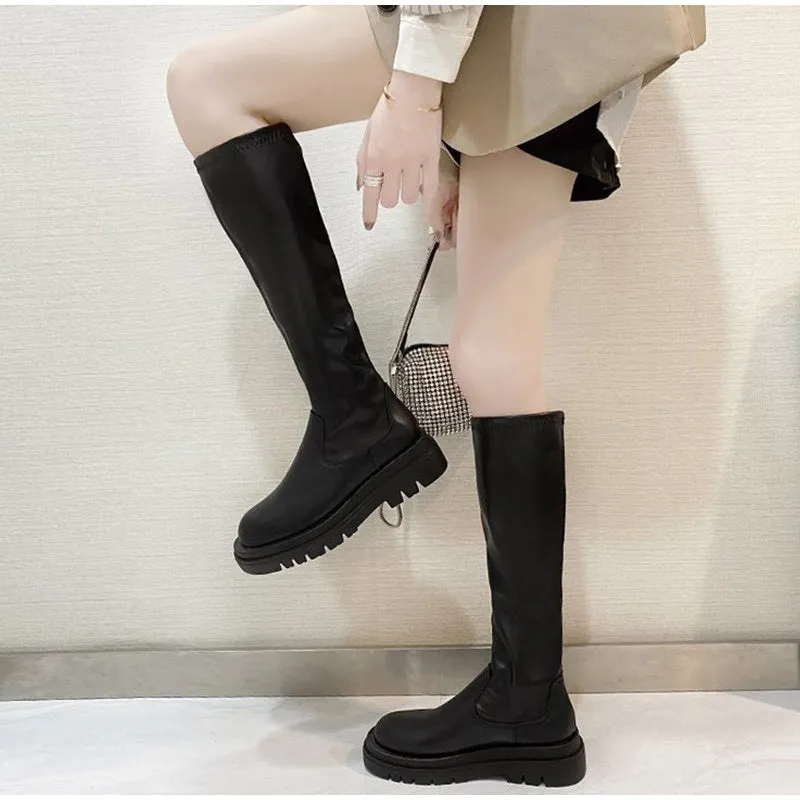 Knee High Boots Leather Soft Platform