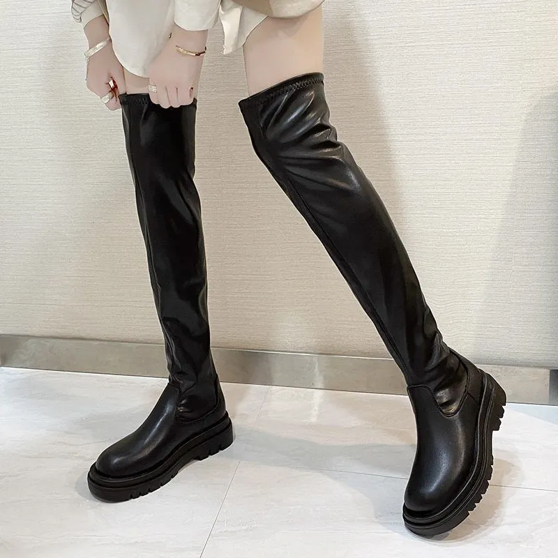 Knee High Boots Leather Soft Platform