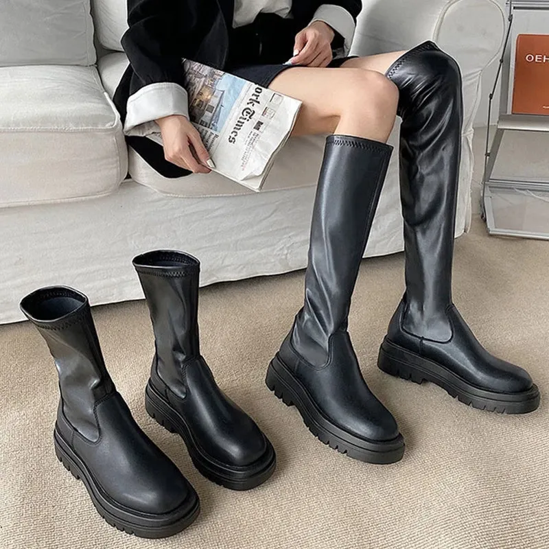 Knee High Boots Leather Soft Platform