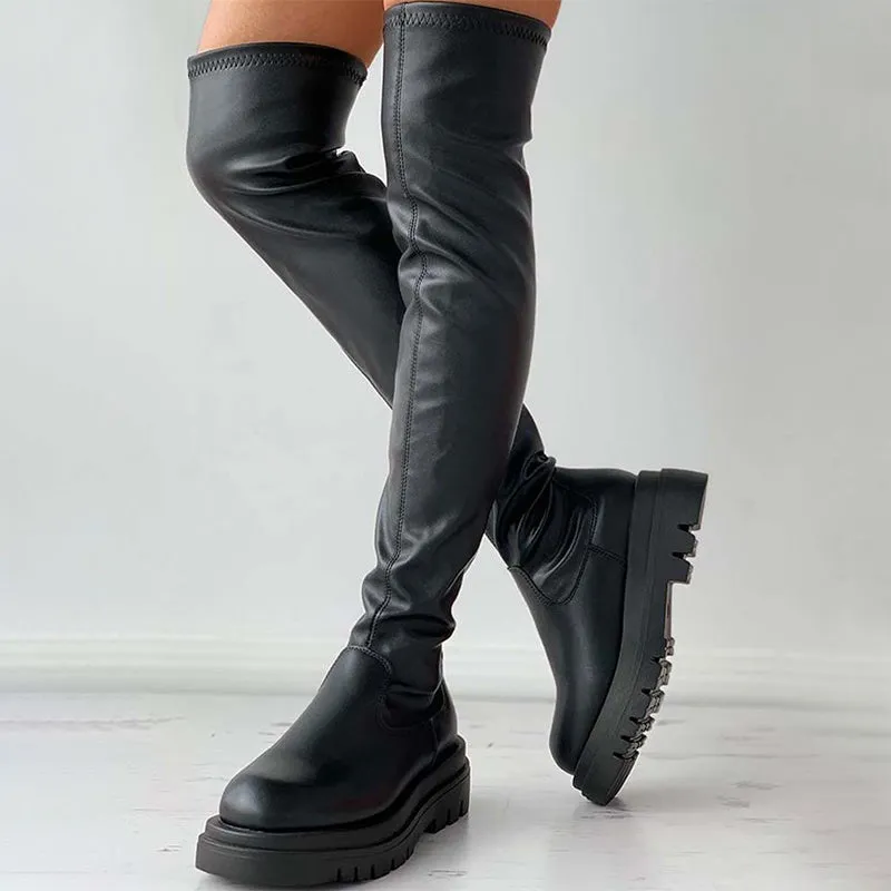 Knee High Boots Leather Soft Platform