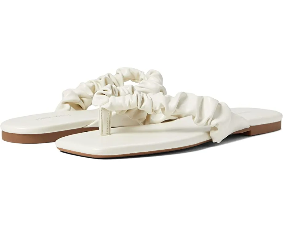 Nine West Daxx Ivory Slip On Squared Open Toe Ruch Detailed Flat Sandals