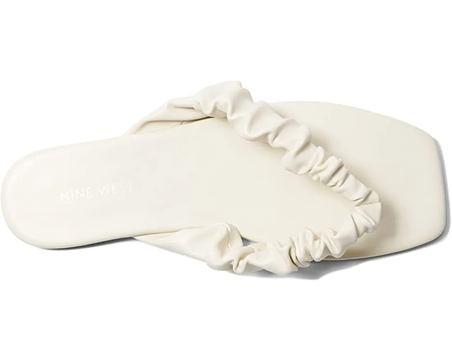 Nine West Daxx Ivory Slip On Squared Open Toe Ruch Detailed Flat Sandals