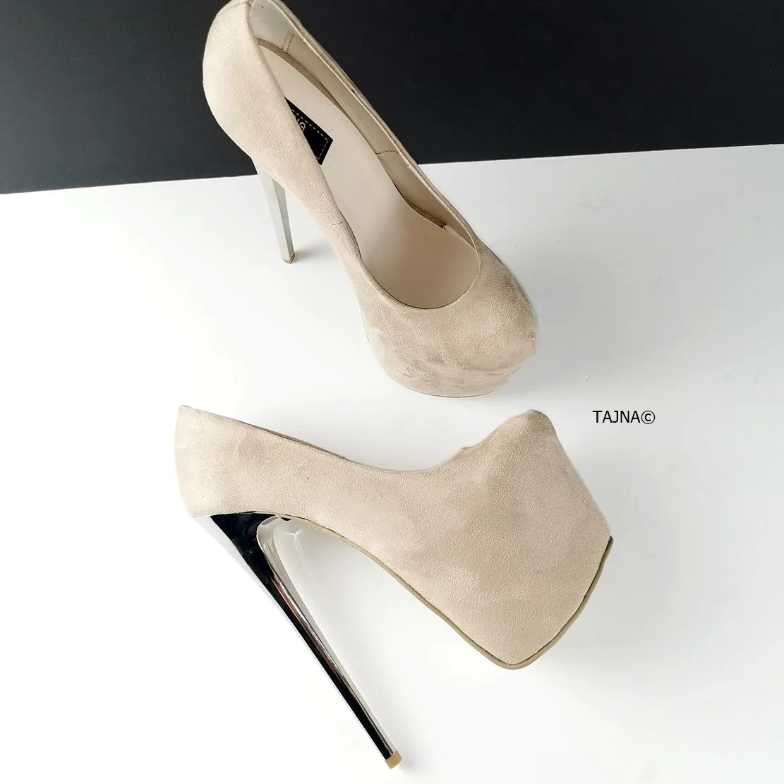 Nude Beige Suede High Heel Platform Pumps