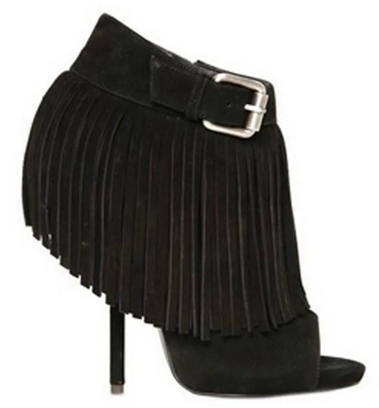 Open-Toe Fringed Suede Booties - Black or White