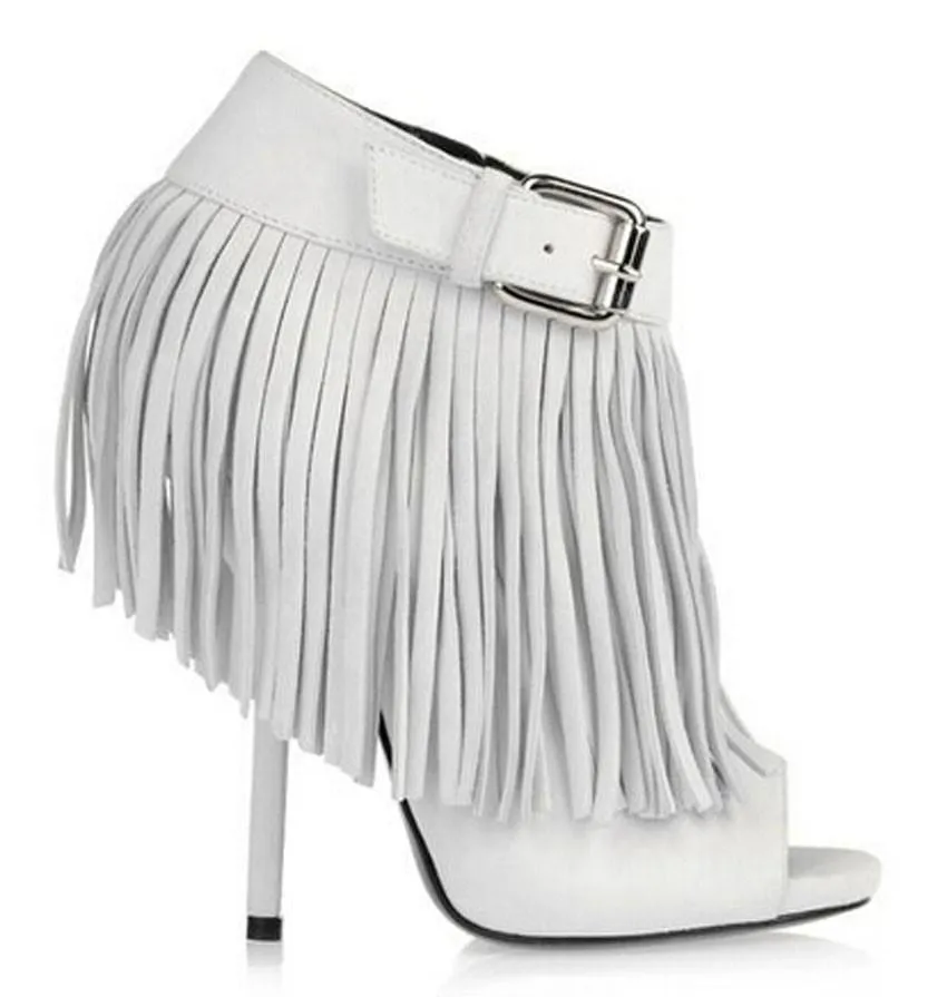 Open-Toe Fringed Suede Booties - Black or White