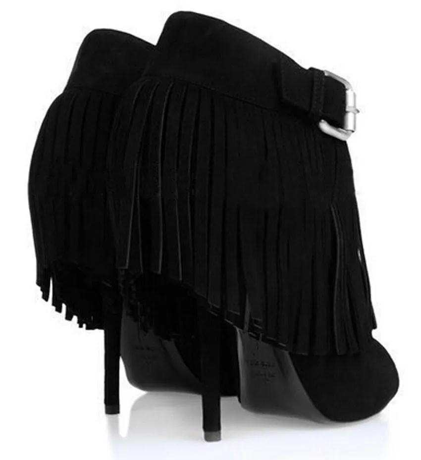 Open-Toe Fringed Suede Booties - Black or White