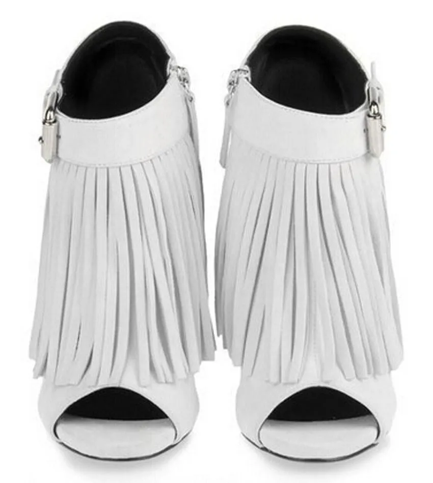 Open-Toe Fringed Suede Booties - Black or White