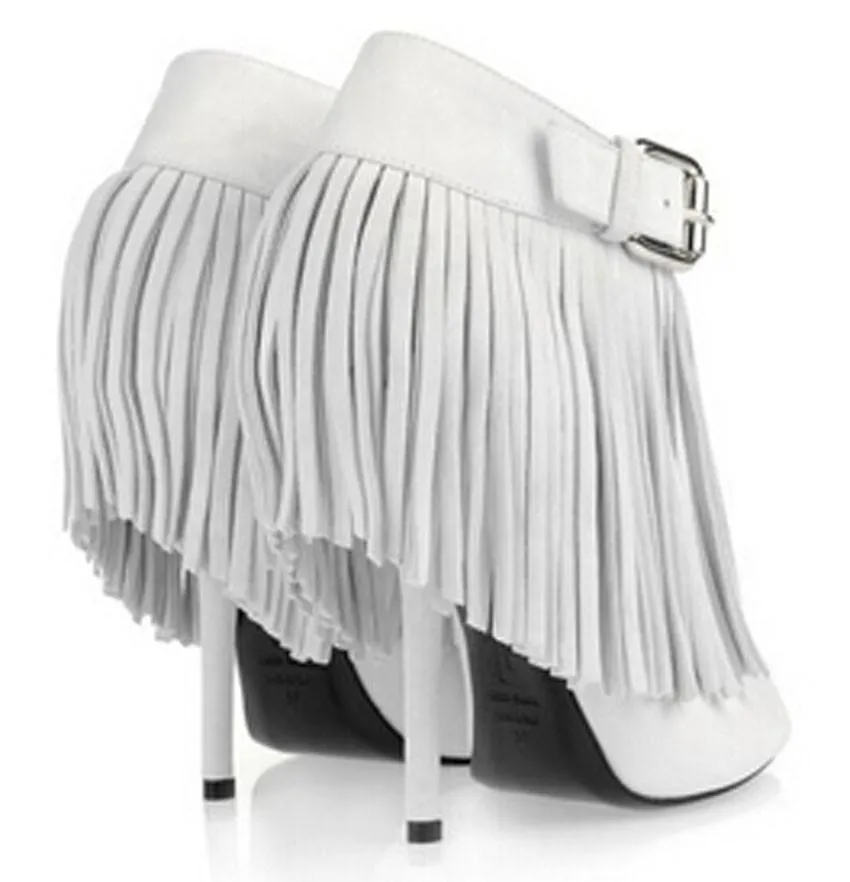 Open-Toe Fringed Suede Booties - Black or White