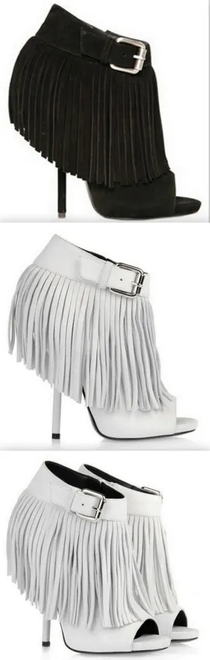 Open-Toe Fringed Suede Booties - Black or White