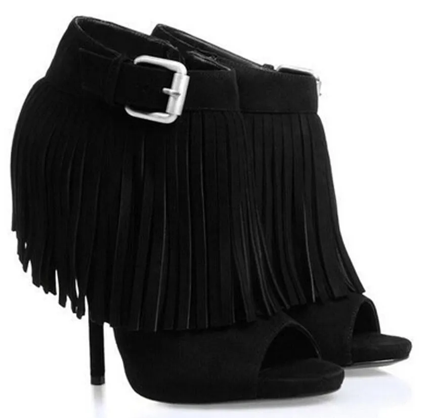 Open-Toe Fringed Suede Booties - Black or White