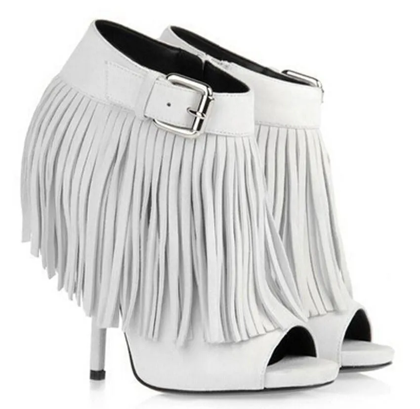 Open-Toe Fringed Suede Booties - Black or White