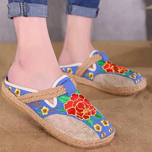 Round Toe Flax Flower Flat Loafers For Women
