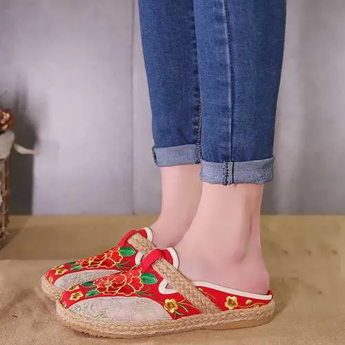 Round Toe Flax Flower Flat Loafers For Women