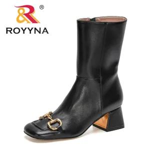 ROYYNA Sweet Soft Fashion Buckle Side Zip Mid-Calf Boots