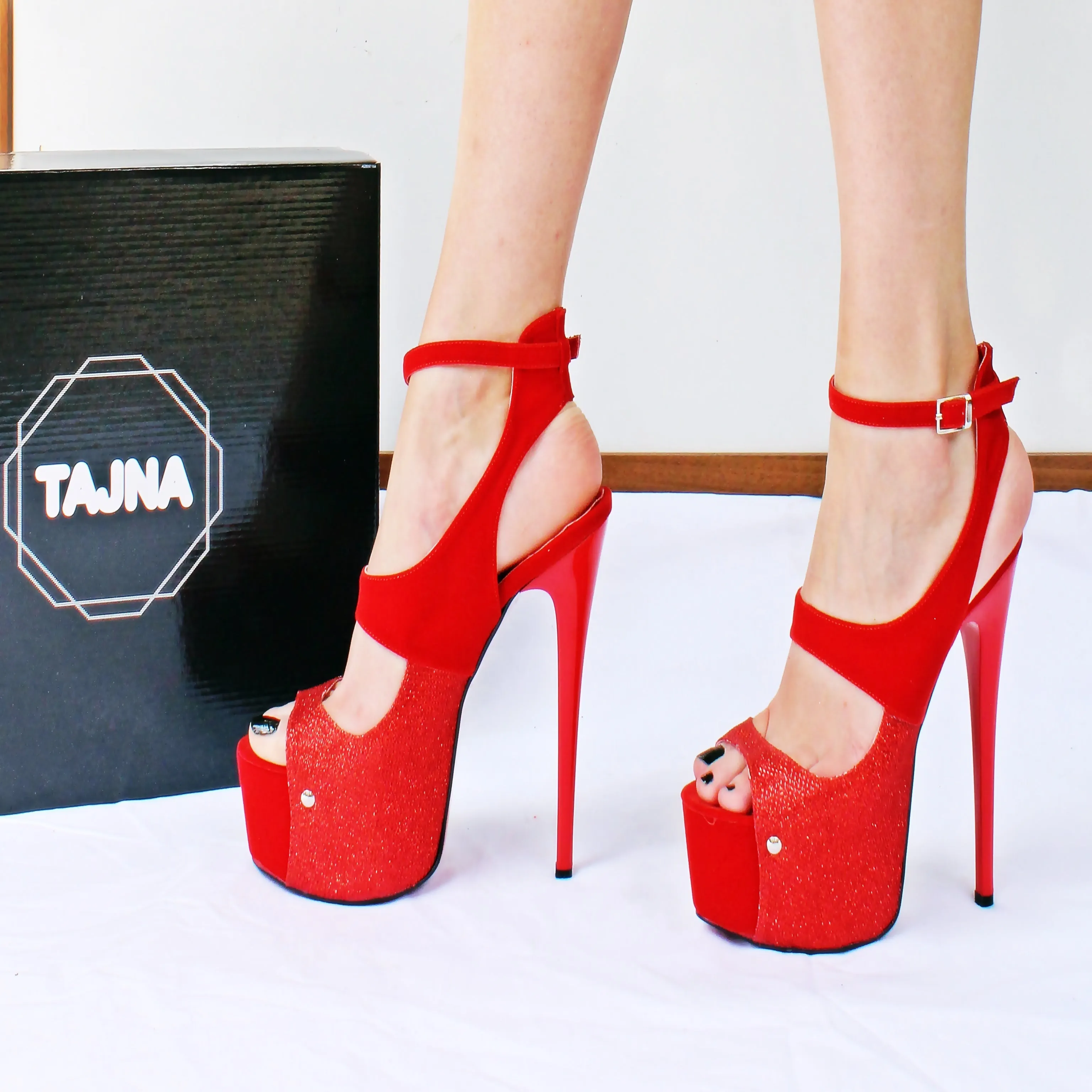 Shiny Red Faux Suede Peep Toe Platform Shoes