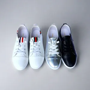 SS24007 Genuine leather sneakers with cushions - White, Black and Silver