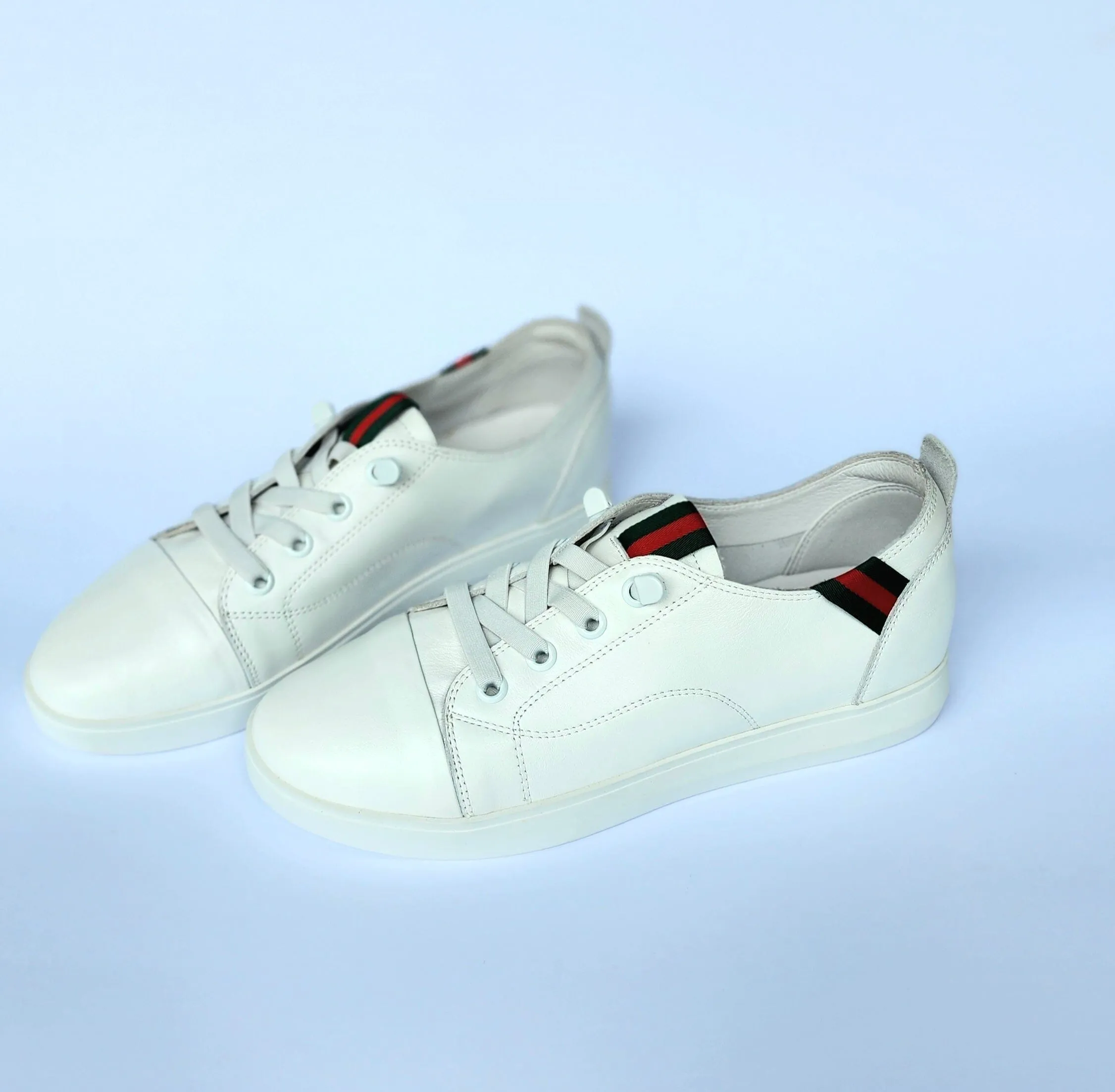 SS24007 Genuine leather sneakers with cushions - White, Black and Silver