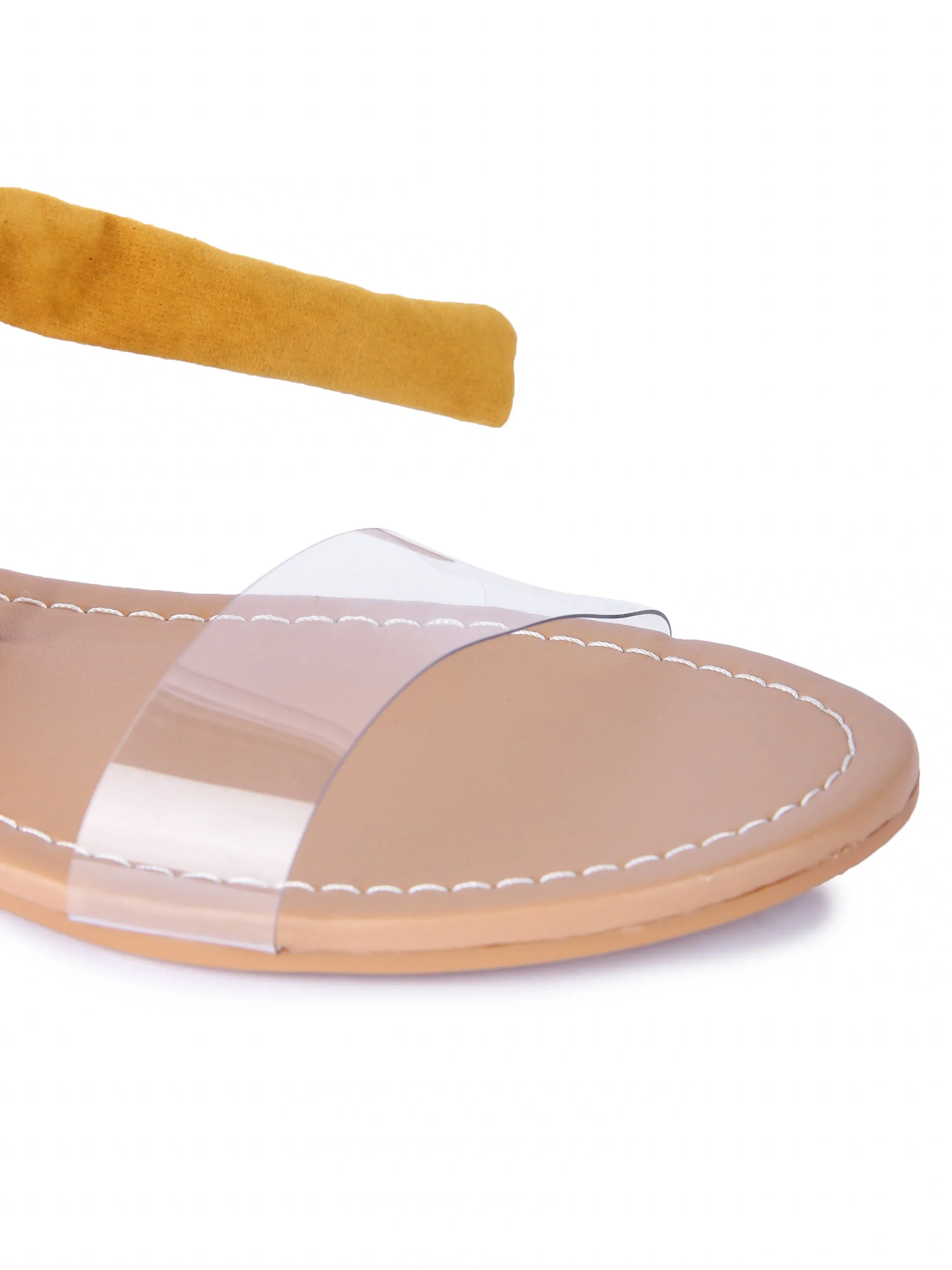 Women Mustard Suede Transparent Tie Up Fashion Sandal