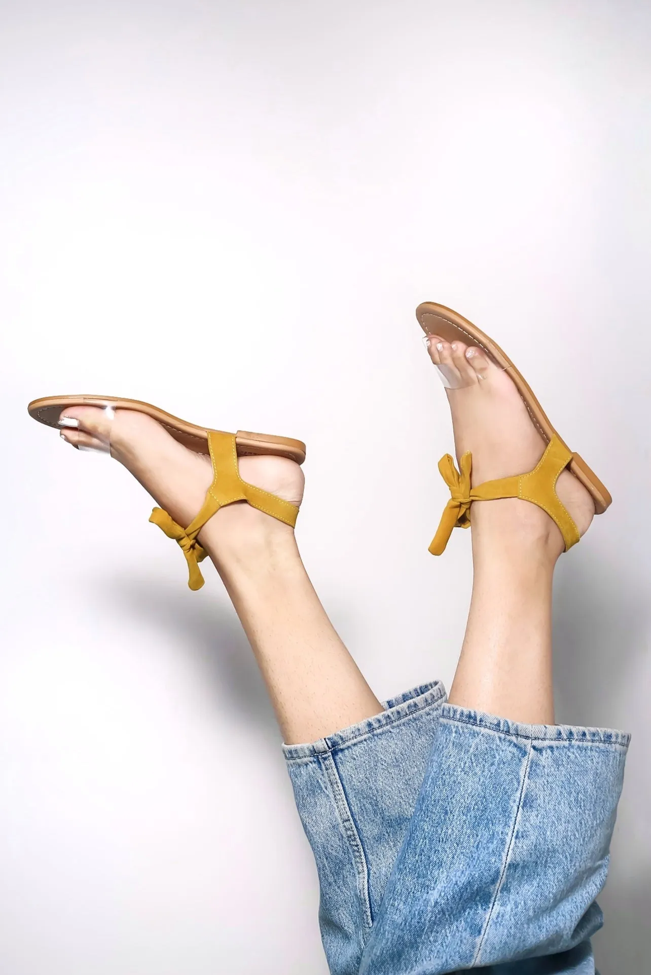 Women Mustard Suede Transparent Tie Up Fashion Sandal