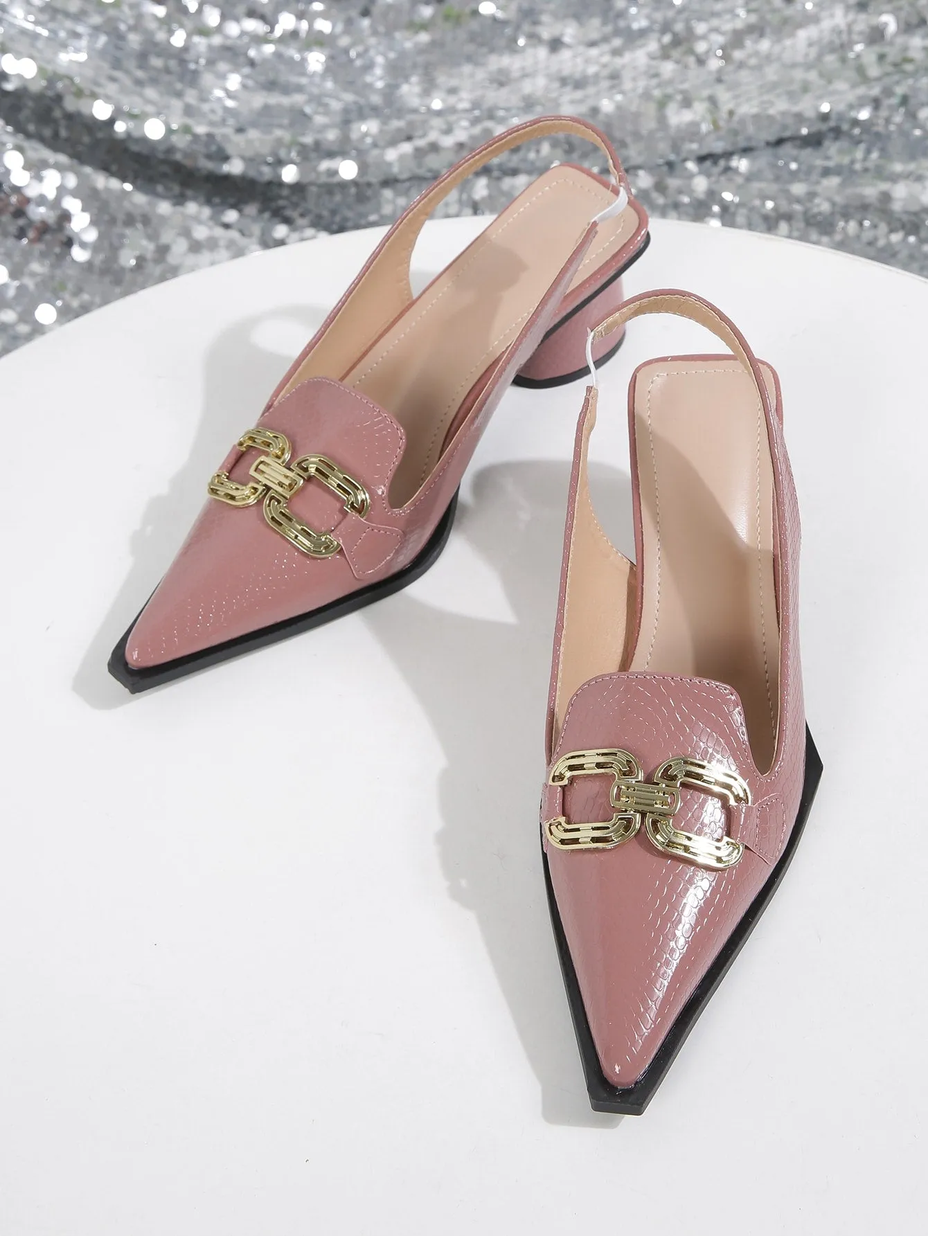 Women Snakeskin Embossed Metal Decor Pumps, Point Toe Slingback Sculptural Heeled Fashionable Pumps Pink