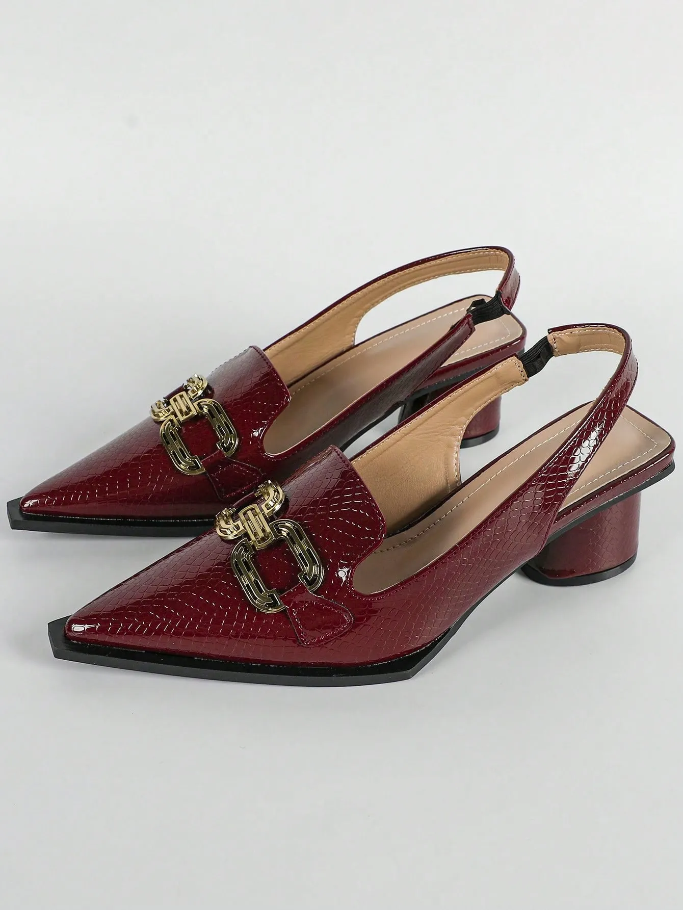 Women Snakeskin Embossed Metal Decor Pumps, Point Toe Slingback Sculptural Heeled Fashionable Pumps Pink