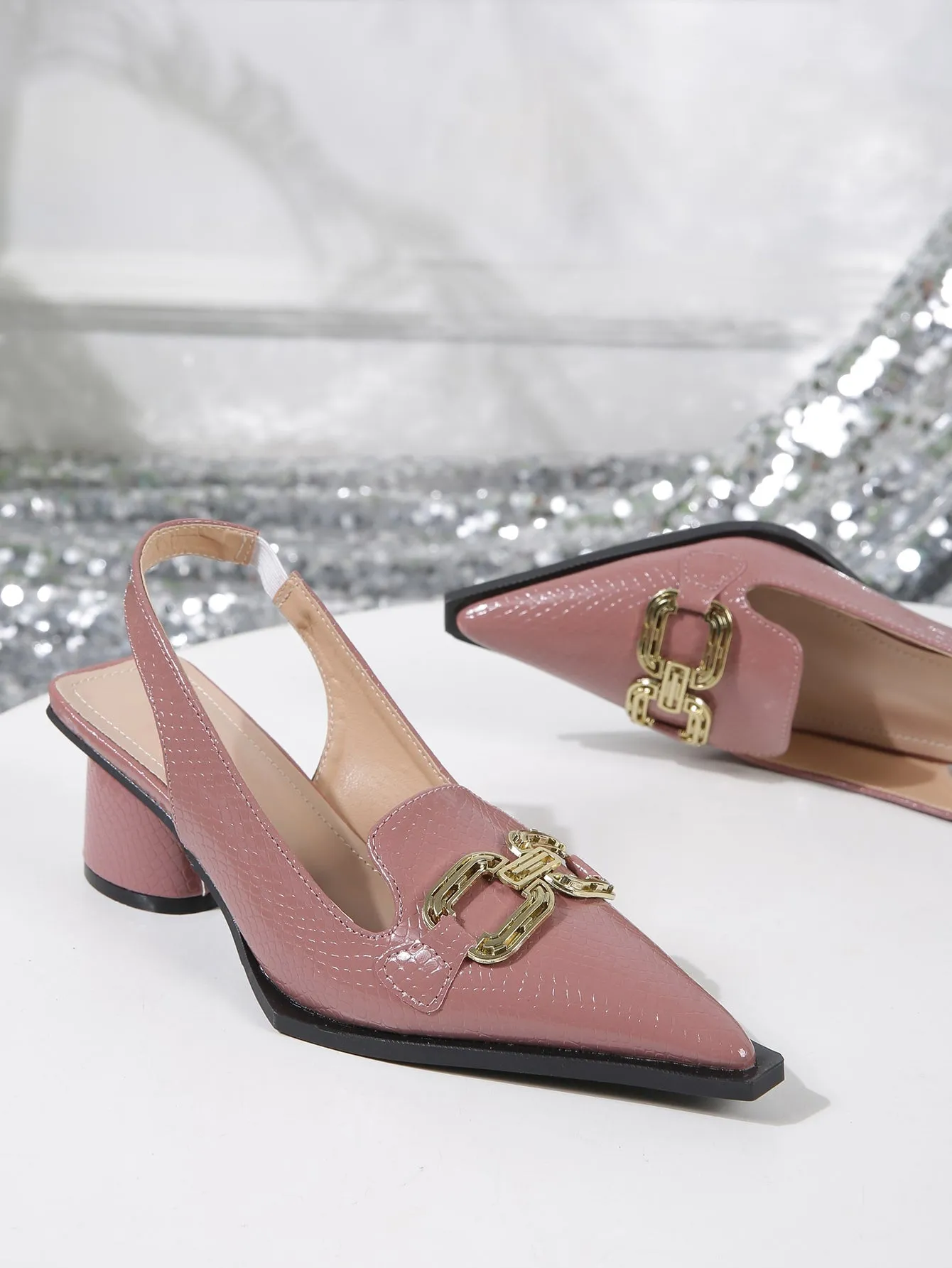 Women Snakeskin Embossed Metal Decor Pumps, Point Toe Slingback Sculptural Heeled Fashionable Pumps Pink